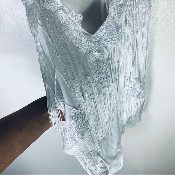 White Halter Top Deep V Fringe One Piece Bathing Suit By ASOS Swim - Picture 5 of 10